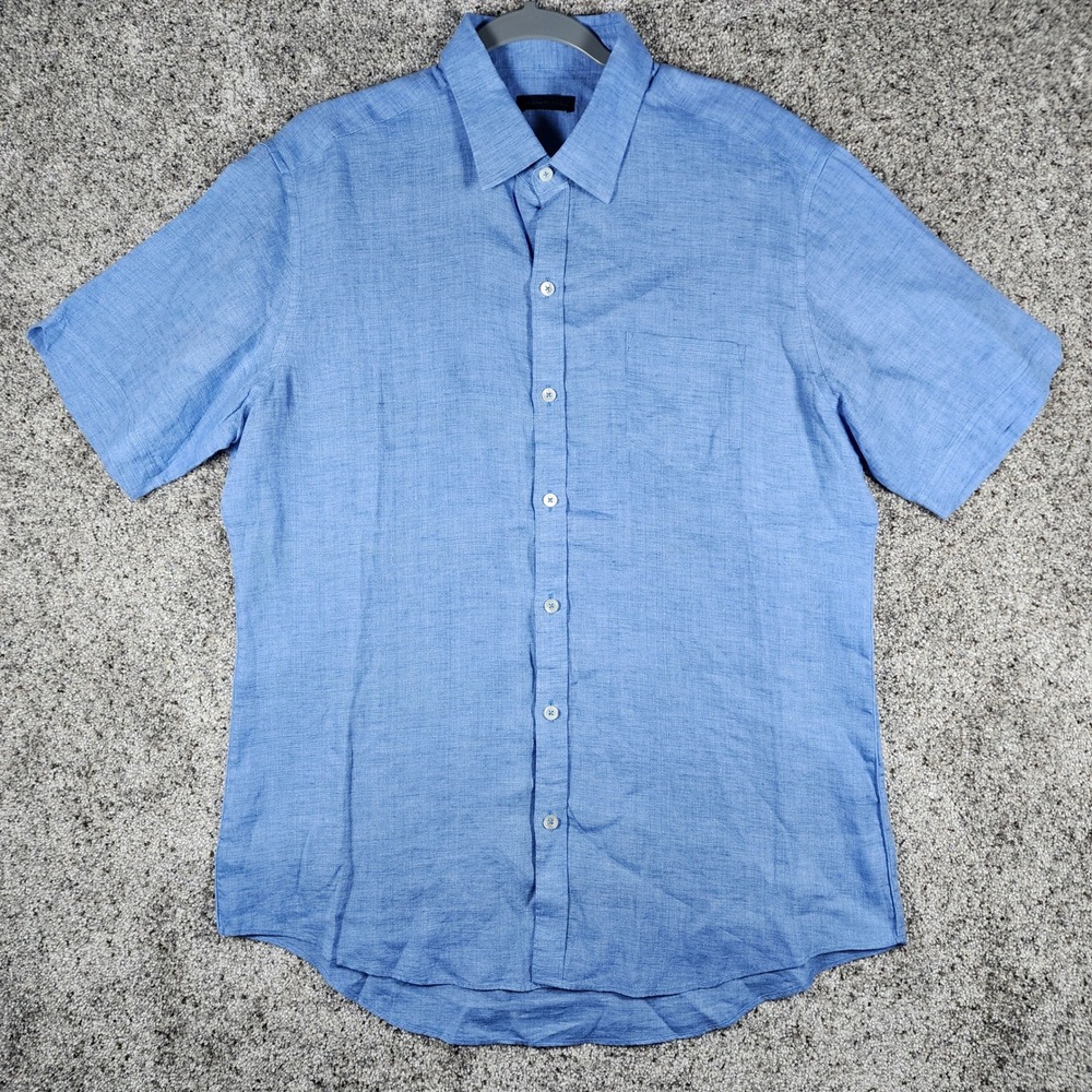 Zachary Prell Button Up Mens Medium Blue Linen Short Sleeve Pocket Shirt Exc